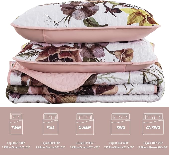 Drucon Floral Quilt Set King 3 Pieces Boho Blush Quilt Coverlet Set Soft - Image 7