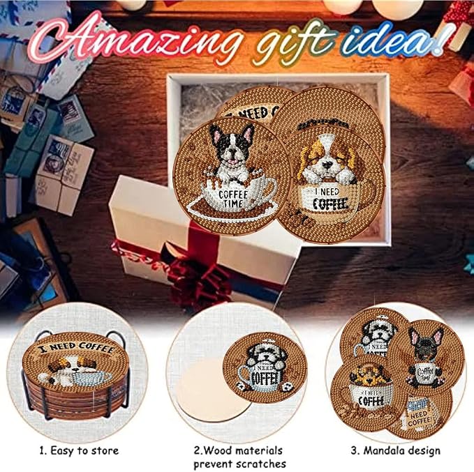 8 Pack Diamond Art Coasters, Coffee Dog Diamond Painting Coasters Kits | Dog - Image 7