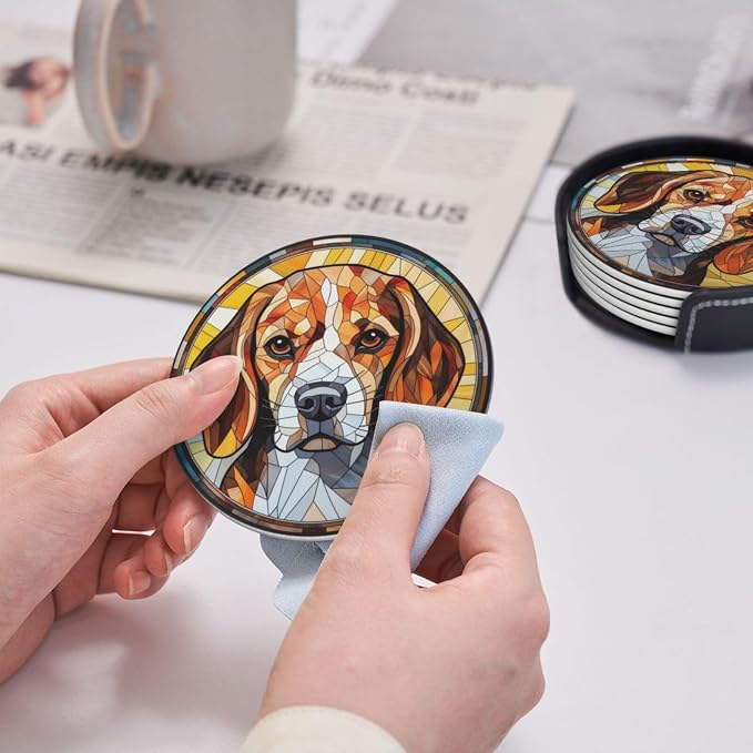 Drink Coaster Set of 6, Beagle Dog Mom Lover Gift, Leather Drink Coasters - Image 8