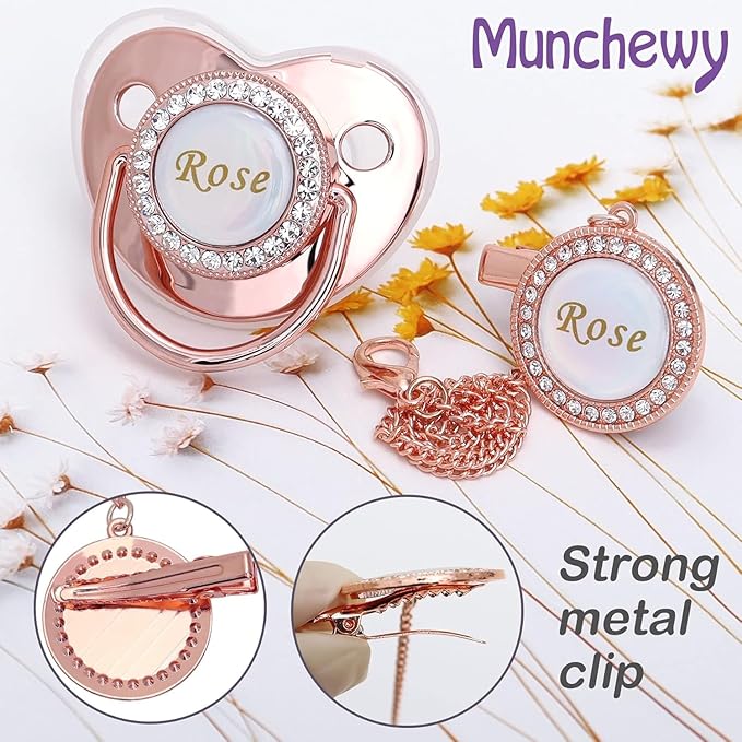 Personalized Pacifier with Name, Customized Pacifier Clip Set with Gift Box, Glitter Crystal Luxurious Soother Dummy Ideal Gift for Boys Girls Baby Shower Newborn Photography(Bling Gold)