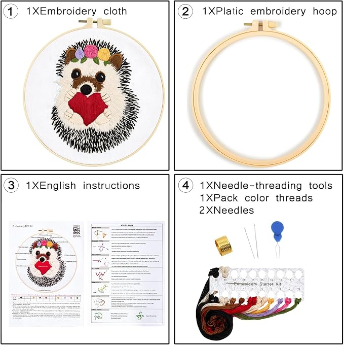 Cute Hedgehog Embroidery Kits for Beginners Adults, Animals Embroidery Starter - Image 6