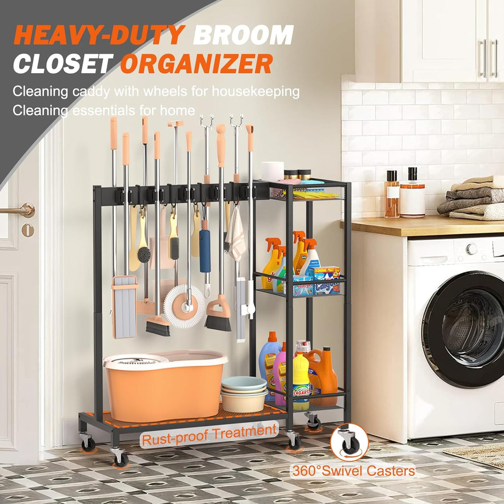 Broom Holder with Cleaning Supplies Organizer, Broom Closet Storage Cabinet with Cleaning Caddy, Cleaning Cart with Mop Hanger Gripper Rack Hooks,Janitorial Housekeeping cart,Laundry Room Organization