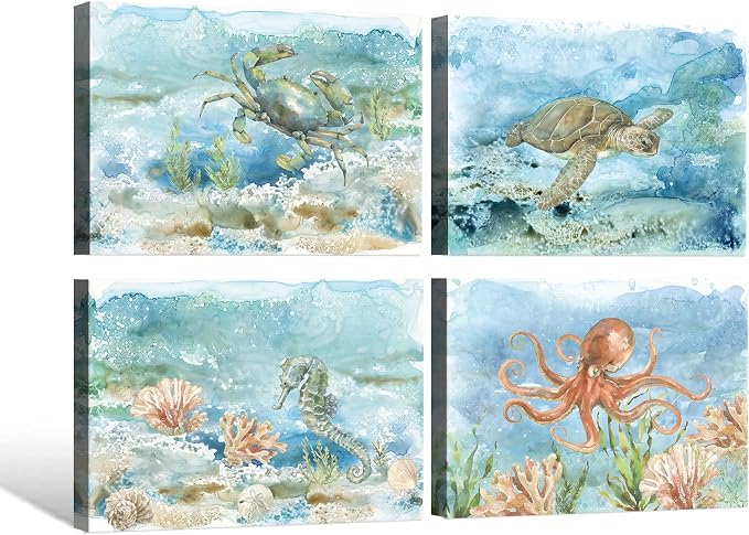 Ocean Wall Decor Sea Turtle Bathroom Wall Art Watercolor Nautical Octopus - Image 2
