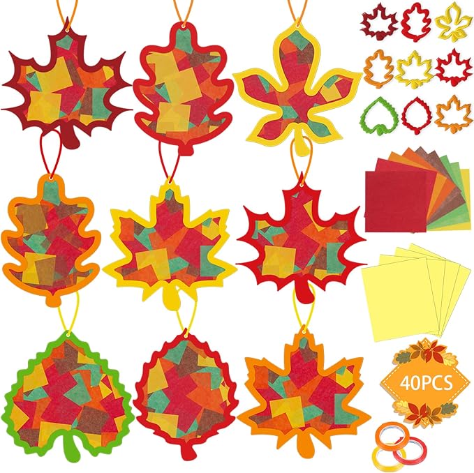 Renbuzhu 40PCS Fall Crafts Bulk: Leaves Paper Suncatchers DIY Kit by Renbuzhu