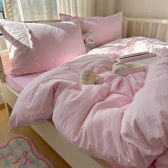 mixinni Pink Gingham Duvet Cover King Size by mixinni