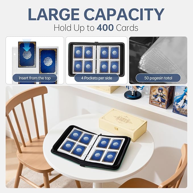 4 Pocket Card Binder for 400 Cards, Premium PU Zipper Card Collection Album - Image 5