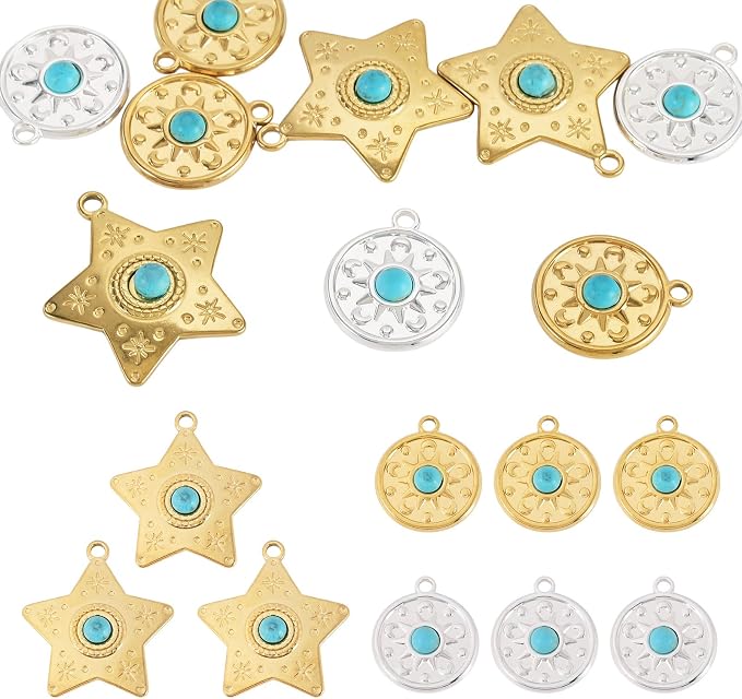 Sun Star Synthetic Turquoise Stone Charms Bohemian Style Charm | 9Pcs Gold by Craftora
