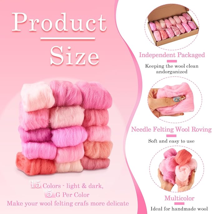 Boutigem 15 Colors 75G Pink Needle Felting Wool Roving, DIY Craft Spinning Wool - Image 2