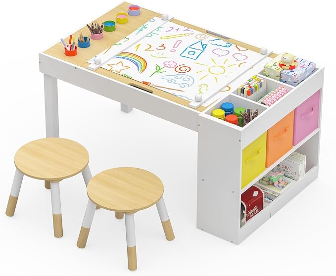Kids Art Table and 2 Chairs Set, Wooden Craft Desk by Callales