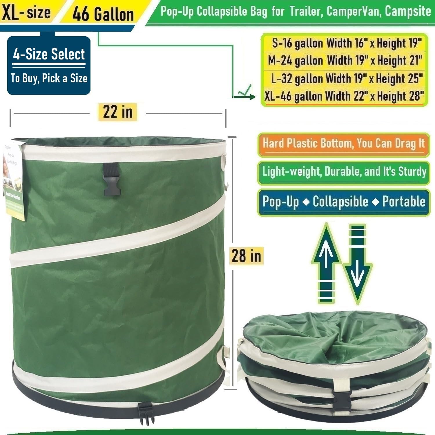 46-Gallon Collapsible Trash Can (22x28 in) Hard-Shell Bottom Yard Garden Bag for Yard Waste,Debris Container,Pop-Up Recycling Bin,Camping Waste Bag,Laundry Hamper,Lawn Grass,Leaf Bag,Sods,Weeds Barrel