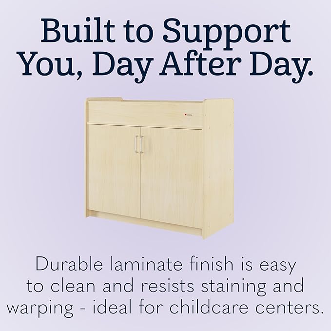 Foundations SafeSwing Daycare Changing Table, Formerly SafetyCraft - Durable Wood Cabinet with 2 Built-in Shelves - Storage w/Soft Close Hinges, Includes Durable Mattress Pad - Natural