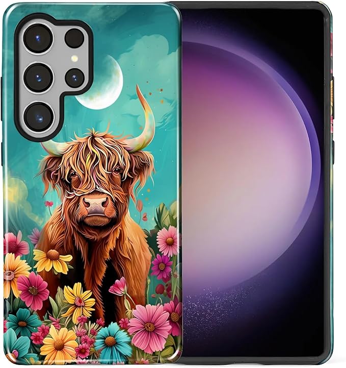 for Samsung Galaxy S25 Ultra Case, Highland Cow Flower Pattern Glossy 2 in 1 - Image 2
