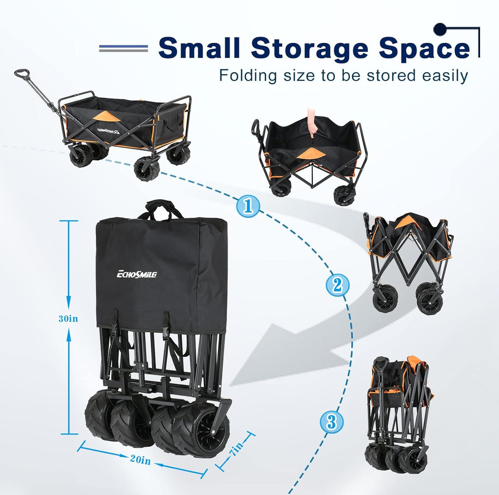 EchoSmile Heavy Duty 350 Lbs Capacity Collapsible Wagon, Outdoor Folding Camping Wagons, Grocery Portable Utility Cart, Adjustable Rolling Carts, All Terrain Sports Wagon with Big Wheels by Boahaus