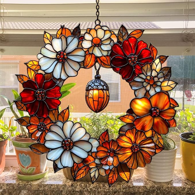 Autumn Floral Wreath Acrylic Suncatcher Stained Glass Effect Window Car Hanging - Image 4