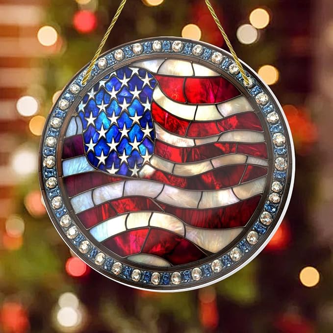Stained Glass American Flag, Hand-Painted Star Motifs, Vintage Patriotic Wall - Image 7