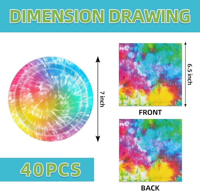 40Pcs Tie Dye Birthday Party Decorations Hippie Rainbow BirthdayPlates and - Image 2
