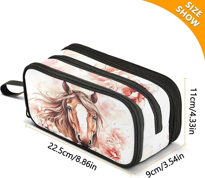 Brown Horse Watercolor Flower Pencil Case Box Boys Girls Large Pencil Pouch - Image 7