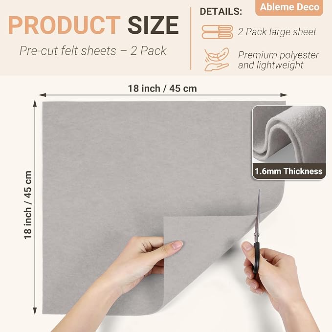 Felt Fabric Sheets 18" x 18" 1.6mm Soft Craft Felt, Light Grey | Soft Precut - Image 2