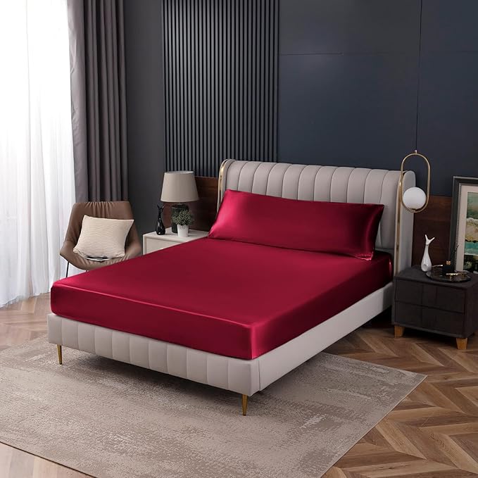 Homiest Burgundy Satin Fitted Sheet Queen Size, Deep Pocket, Luxury & Ultra - Image 7