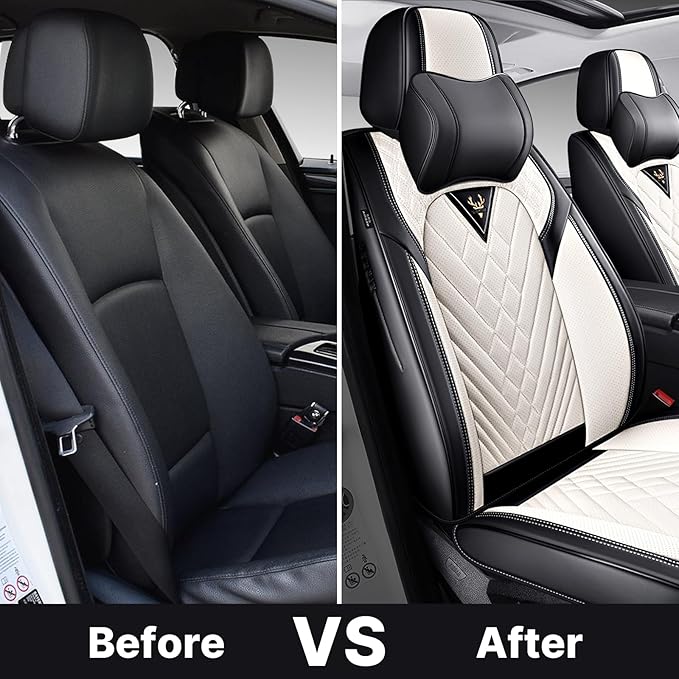 Car Seat Covers Full Coverage Seat Cover Waterproof Faux Leather Cushion Universal Accessories Fit SUV Sedan Automotive Vehicle Auto Interior Seat Protector Full Set(5 Seat-Headrest,Black&Gray)