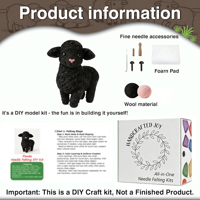 FACE N FACE DIY Needle Felting Kit Cute Black Lamb Standing – Needle Felting - Image 3