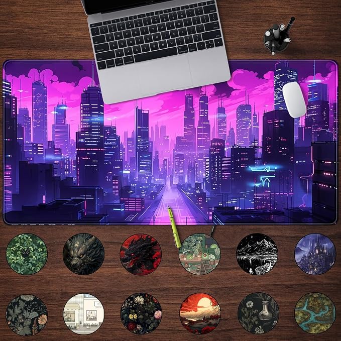 Cyberpunk Neon Purple City Gaming Desk Mouse Pad XL Pink Extended Mouse Pad - Image 2