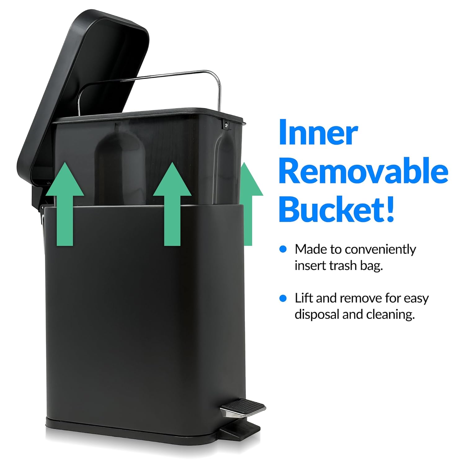 Reli. Small Trash Can with Lid, 1.3 Gallon (5 Liter) | Stainless Steel (Matte Black) | Small Bathroom Trash Can | Step Pedal Garbage Bin with Removable Bucket, Kitchen | Rectangular Metal Bin