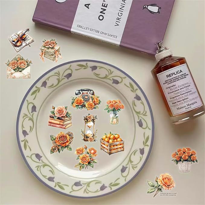 50 Pieces Vintage Orange Rose Floral Transparent Stickers - Image 6