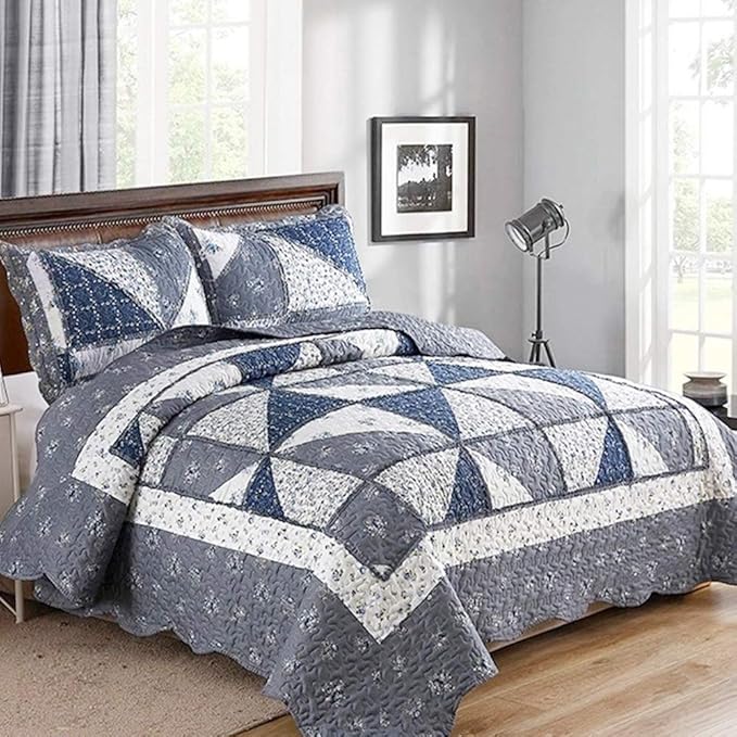 Oversized King Grey Floral Patchwork Quilt Set 132x120 Alaska King Size Bedding by VIVILINEN