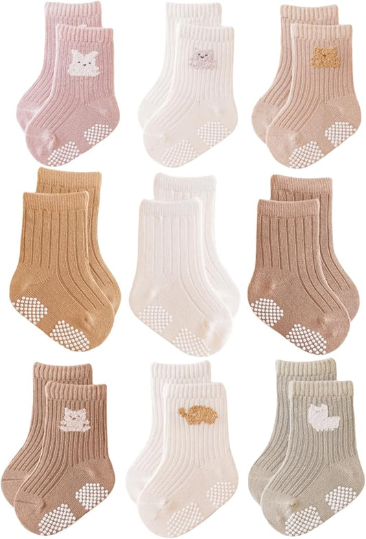 Baby Crew Socks,Grips Combed Cotton Socks Toddler Non-Skid for Girls,Boys Non Slip/Anti Skid 9-Pack