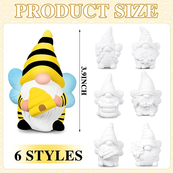 Poen 6 Sets Ready to Paint Your Own Bee Gnome Statues DIY Ceramics Bee - Image 2