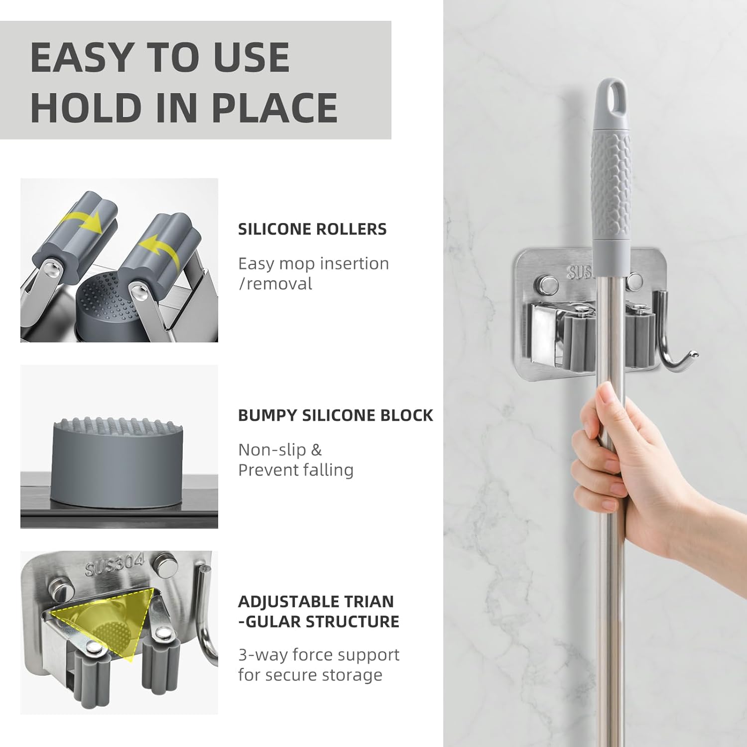 Broom Holder Wall Mount with Screws (4 Pack) Broom and Mop Organizer Wall Hanging, Anti-Slip Mop Holder Broom Hanger with Hooks, Stainless Steel Tool Rack for Garden Garage Organization