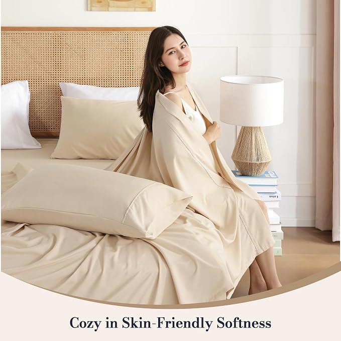 Full Sheet Set 4 Piece, Wrinkle Free, Oeko-Tex Certified Bedsheets，Cream - Image 2