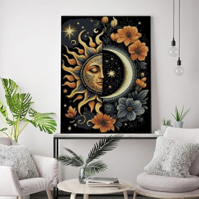 MYBISYMQQ Stamping Cross Stitch Kit Sun and Moon, Round Counting Cross Stitch - Image 6