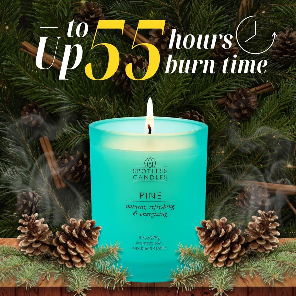 Pine Candle - 9.7 oz /275g 45-55 Hours Burn Time in Green Frosted Glass Jar with Wooden Lid and Wooden Crackling Wick in Luxurious Gift Box - Natural, Refreshing and Energising