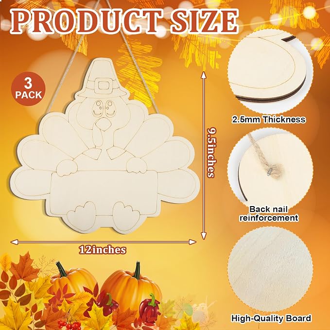 Large Size 12" Wooden Turkey Ornaments to Paint, Thanksgiving DIY Blank - Image 7