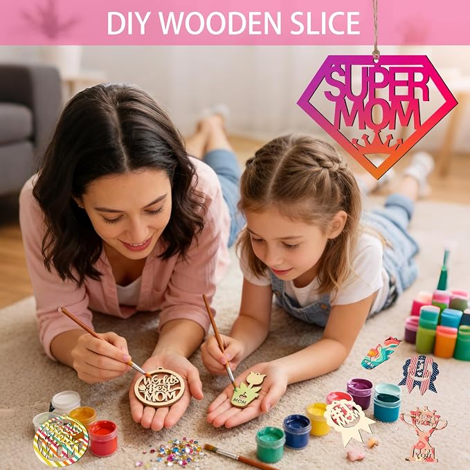 Mom Gift 40Pcs 5 Style Unfinished Wooden Mother's Day Ornaments DIY Craft - Image 5