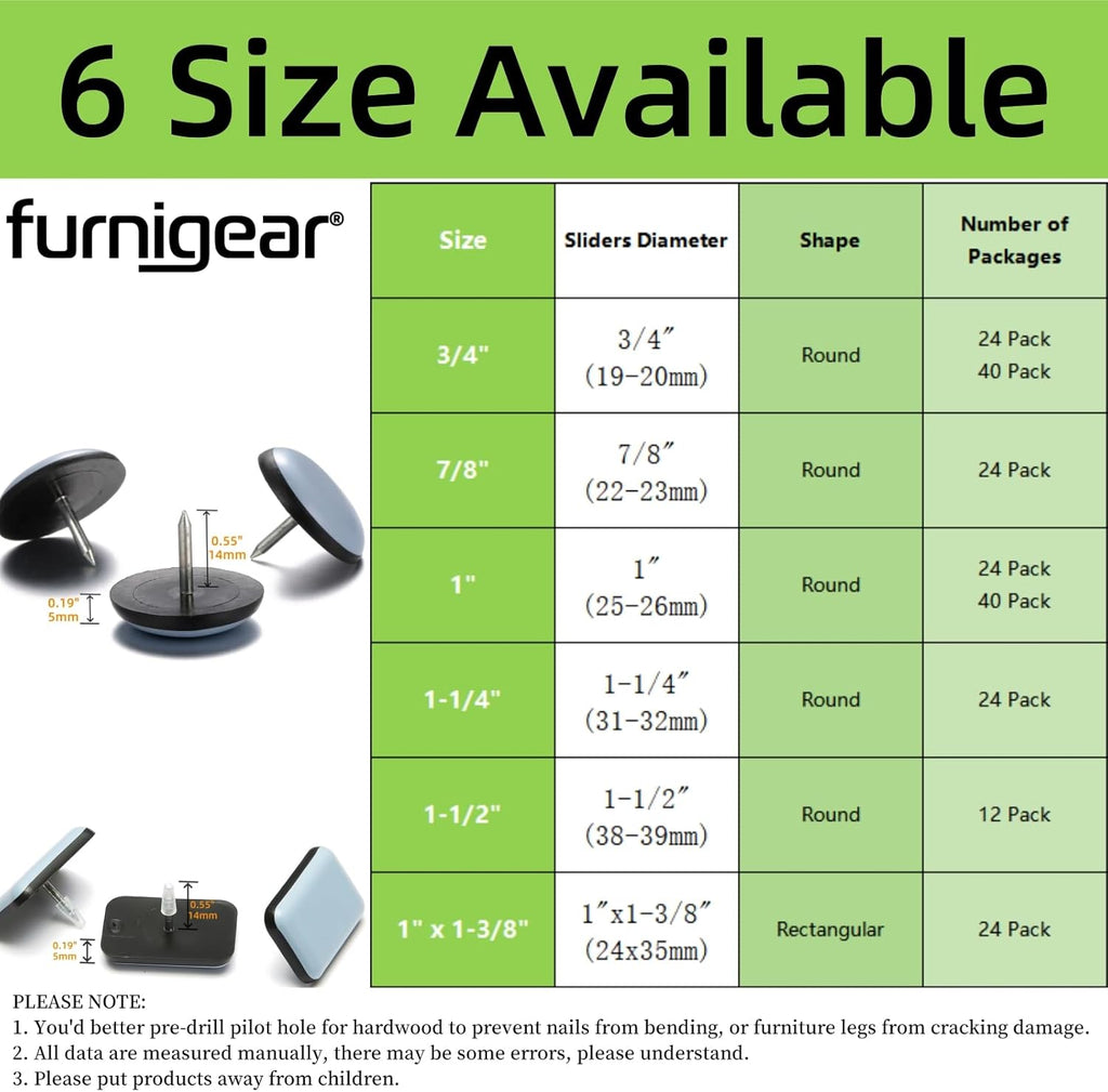 Furniture Sliders-Furnigear (Teflon) Nail in Chair Glides for Carpet - Move Your Furniture Easily & Safely - Best Floor Protector (7/8"-24 Pack, not for Wood Floors)
