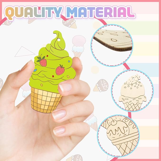 80PCS Wooden Ice Cream Cutouts Ornaments to Paint, Summer Decorations 8 Styles - Image 3