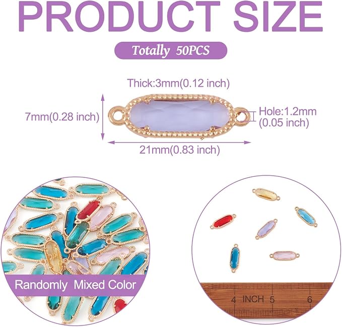 FASHEWELRY 50pcs Faceted Glass Charm Links Crystal Oval Light Gold Plated Alloy - Image 3