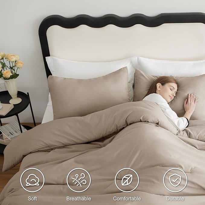 CozyLux King Size Comforter Set Khaki, 3 Pieces Solid Comforters King Size - Image 5