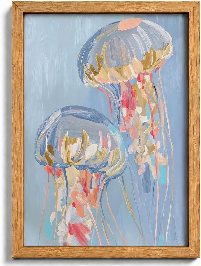 Framed Blue Jellyfish Canvas Wall Art, Marine Animals Painting Picture Wall by HJYQLN
