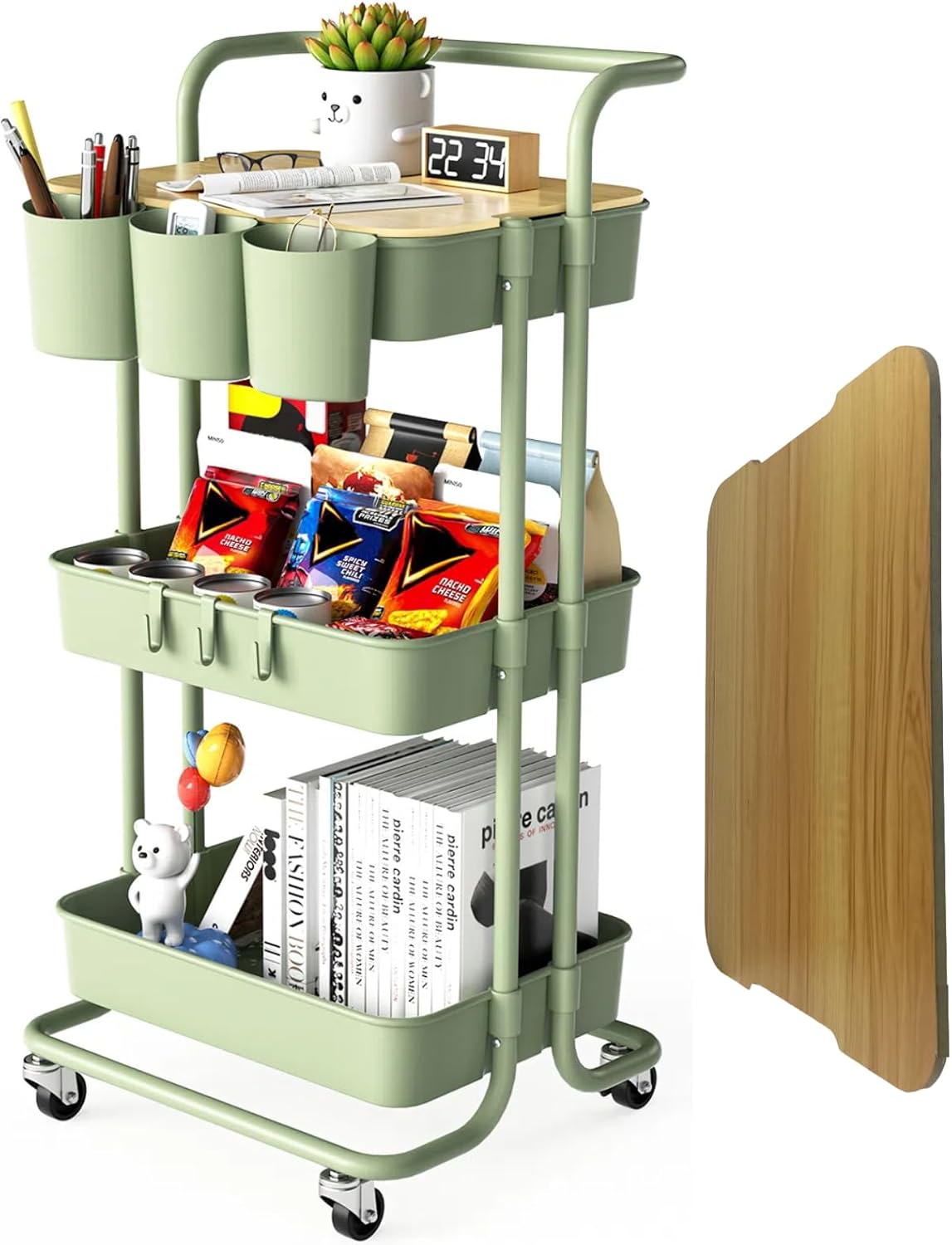 3 Tier Rolling Cart with Metal Handle, Table Top, Hanging Cups, Hooks, Plastic Storage Baskets& Wheels Lockable, Utility Cart for Bathroom Classroom Office Kitchen Pantry Organizers and Storage, Green