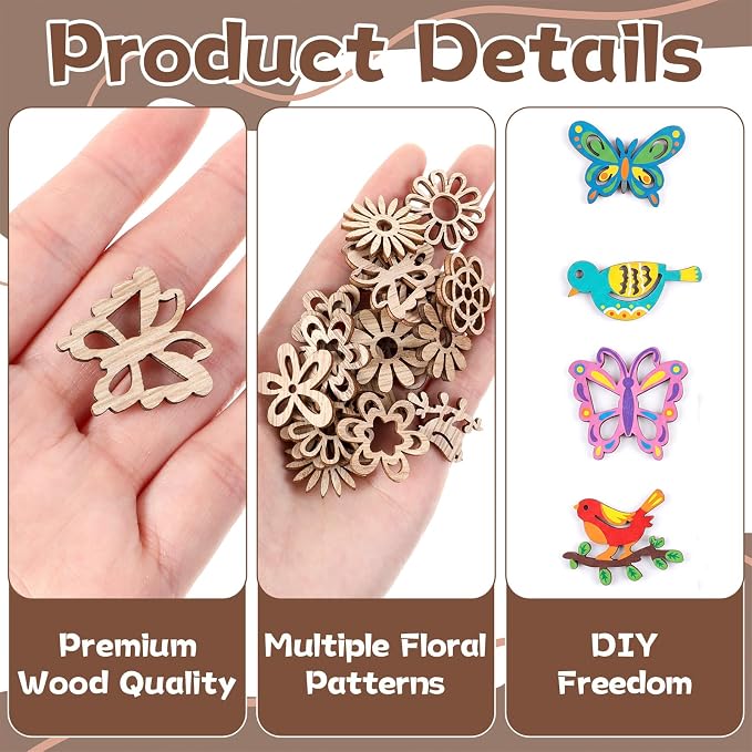 100 PCS Unfinished Wood Crafts Wood Slice Leaf Bird Flowers Butterfly Pattern - Image 3