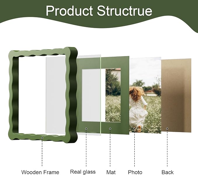 8x8 Picture Frame with Mat for 6x6, Wavy Edge Wooden Real Glass Photo Frame for - Image 5