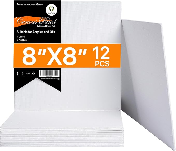 CONDA Canvas Board for Painting 8 x 8 inch, 12 Pack Canvas Panels, Primed White by CONDA