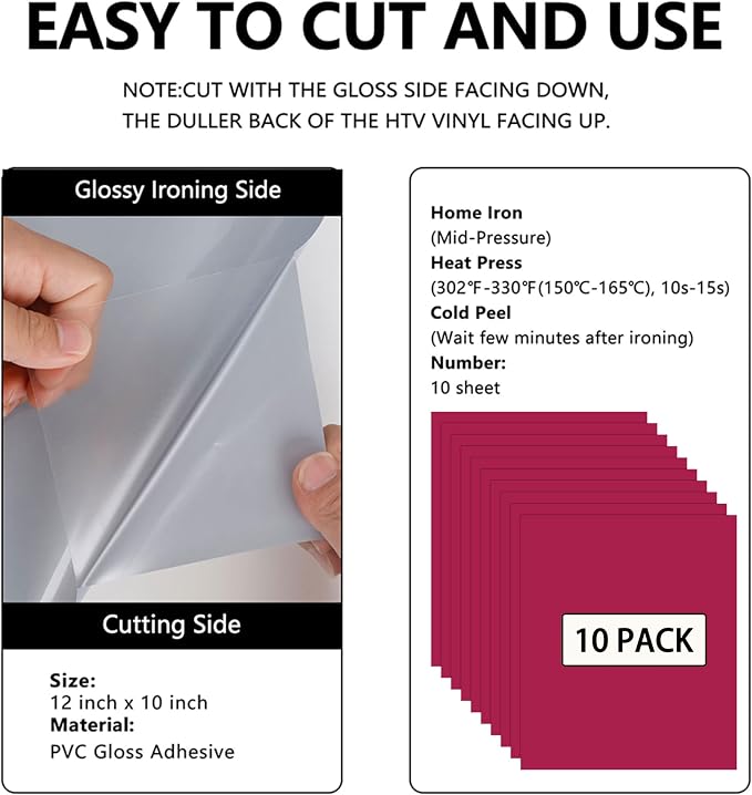 FUNKAKA Rose Red HTV Heat Transfer Vinyl Sheets, 10 Sheets Sticky HTV Vinyl - Image 2