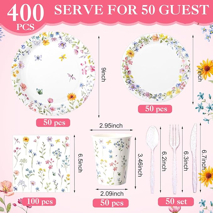 Pickmesh 400 Pcs Wildflower Party Supplies Floral Baby in Bloom Tableware - Image 2