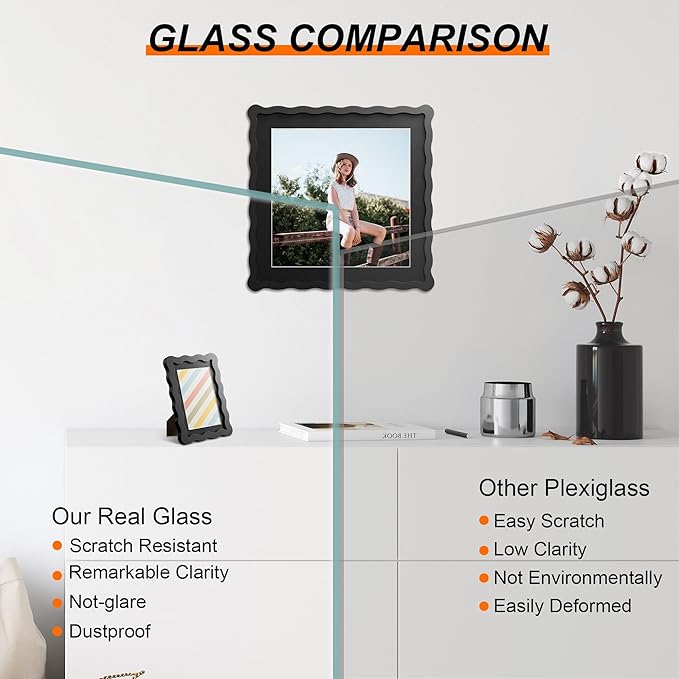 4x4 Picture Frame with Mat for 3x3, Wavy Edge Wooden Real Glass Photo Frame for - Image 2