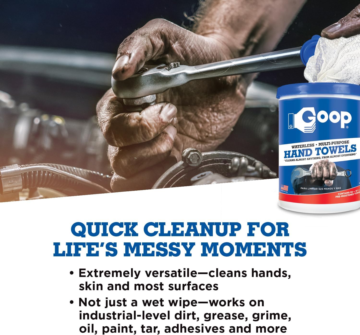 GOOP Multi-Purpose Waterless Hand Cleaner Towels - 90, 10" x 12" Towels